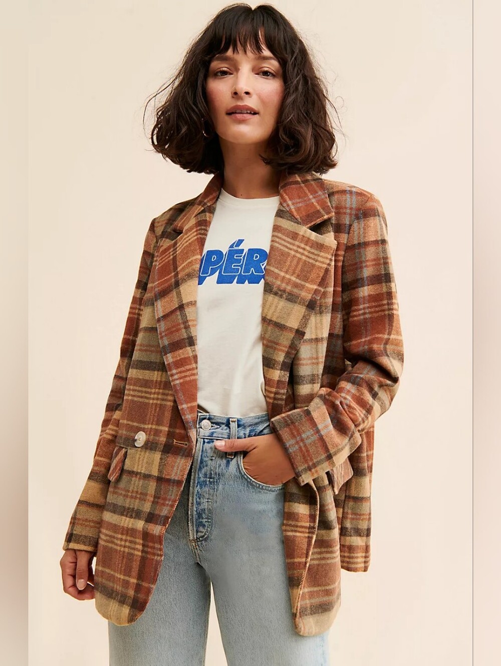 Free People Mari Plaid Blazer Coat Brown Wool Blend Size Medium